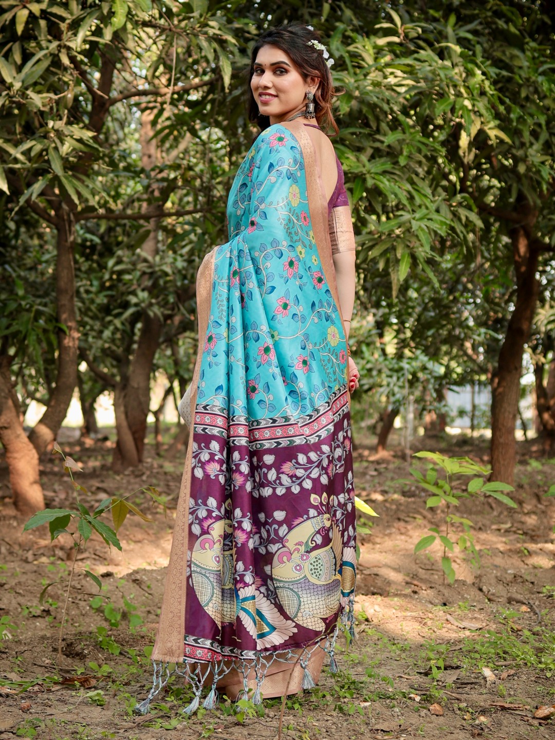 Women’s Pure Tussar Silk Saree | Digital Floral Print with Tassels & Blouse Piece (Pack of 1)
