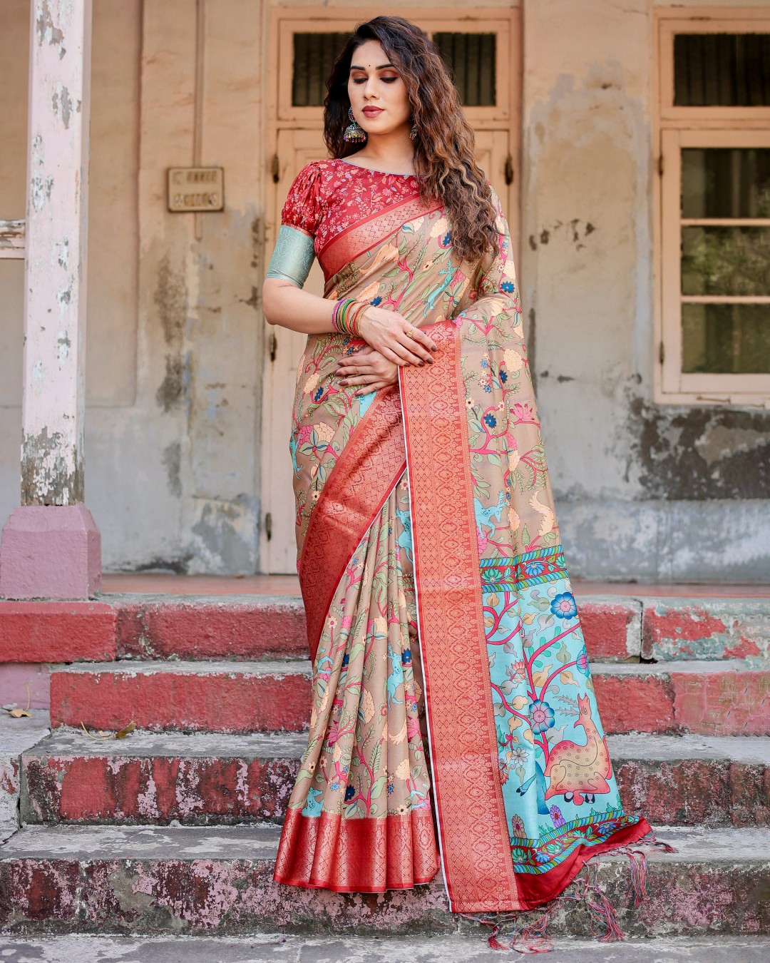 Women’s Pure Tussar Silk Saree | Digital Floral Print with Tassels & Unstitched BP (Pack of 1)