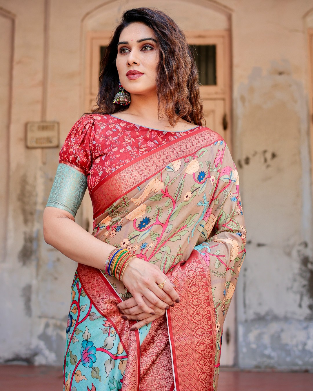 Women’s Pure Tussar Silk Saree | Digital Floral Print with Tassels & Unstitched BP (Pack of 1)