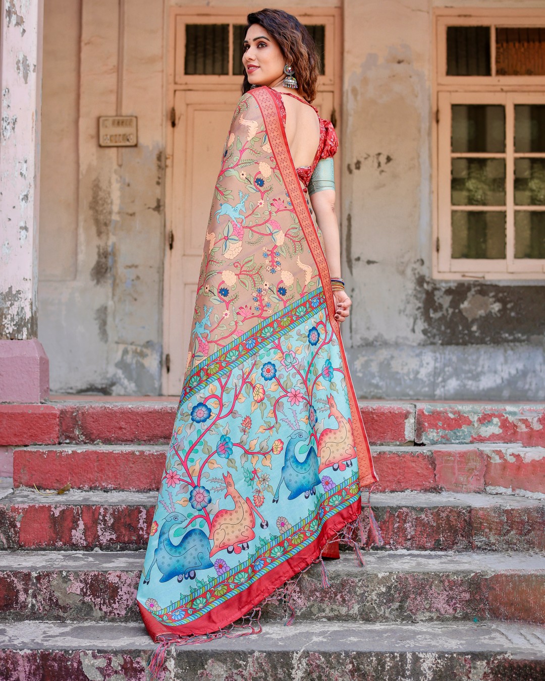 Women’s Pure Tussar Silk Saree | Digital Floral Print with Tassels & Unstitched BP (Pack of 1)