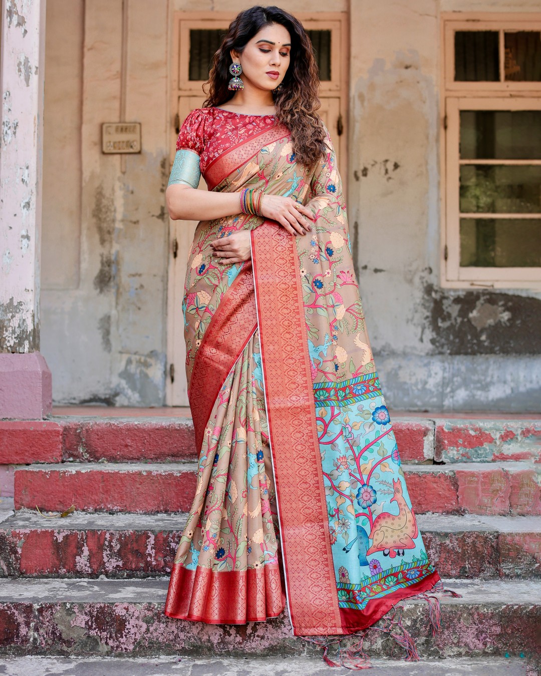 Women’s Pure Tussar Silk Saree | Digital Floral Print with Tassels & Unstitched BP (Pack of 1)