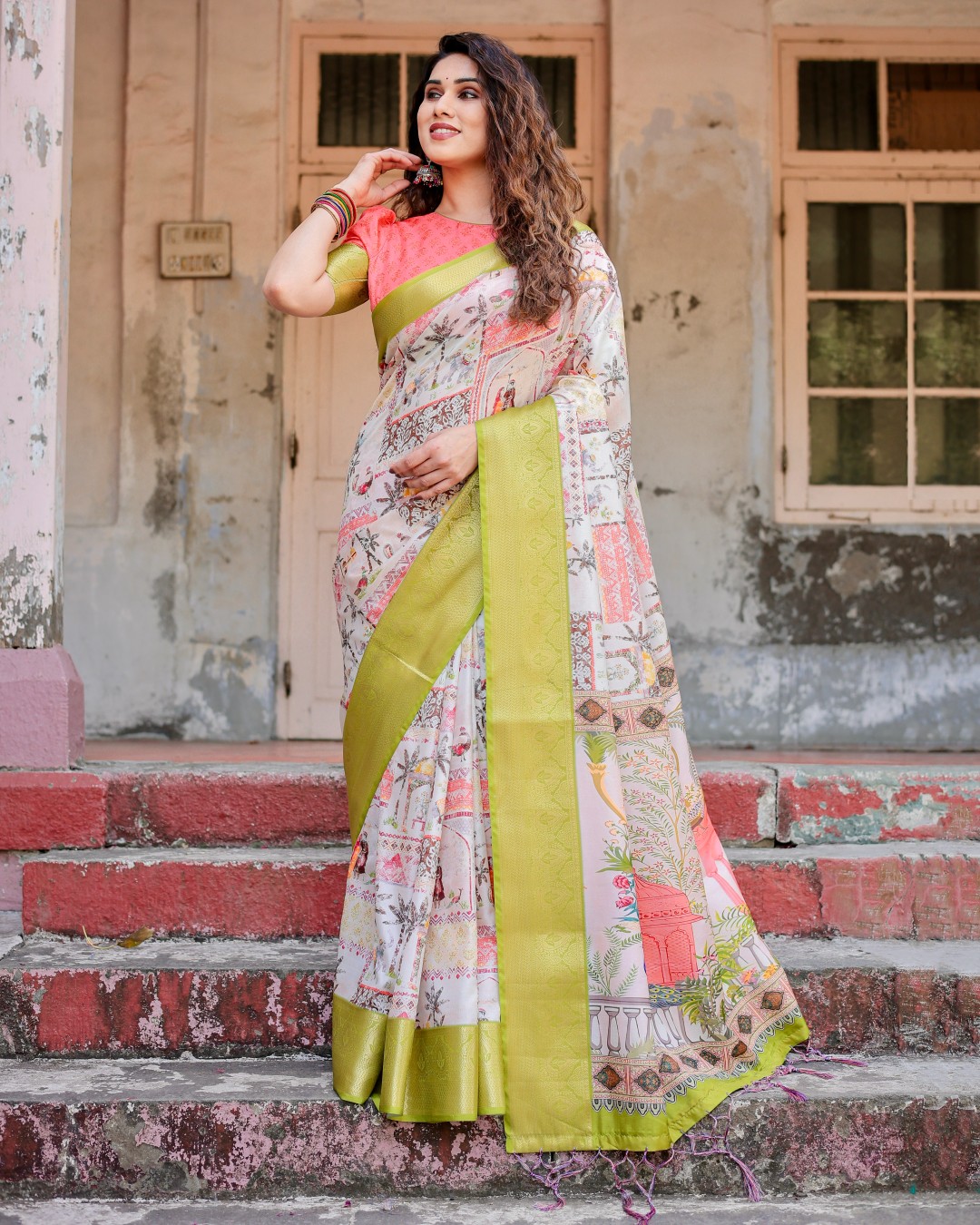 Women’s Pure Tussar Silk Saree | Digital Floral Print with Tassels & Unstitched BP (Pack of 1)