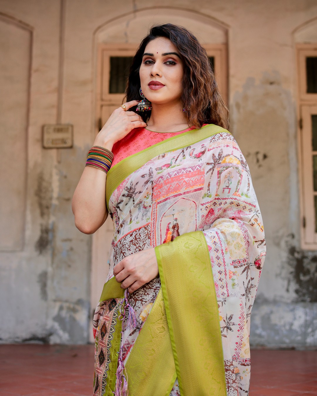 Women’s Pure Tussar Silk Saree | Digital Floral Print with Tassels & Unstitched BP (Pack of 1)
