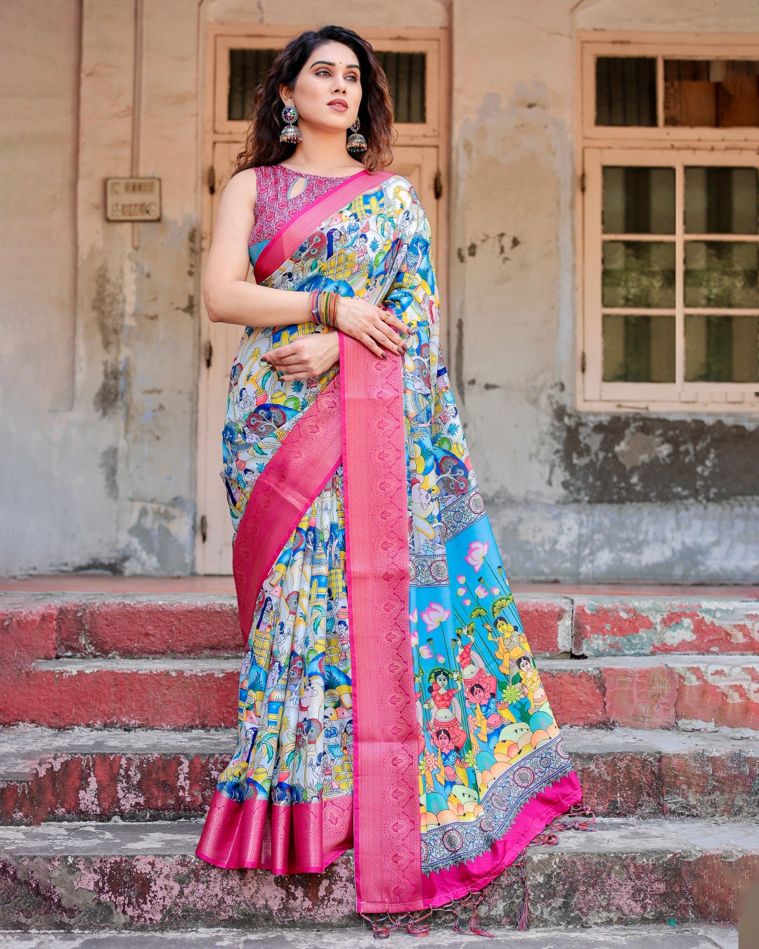 Banarasi Silk Digital Print Saree with Zari Weaving (Pack of 1)