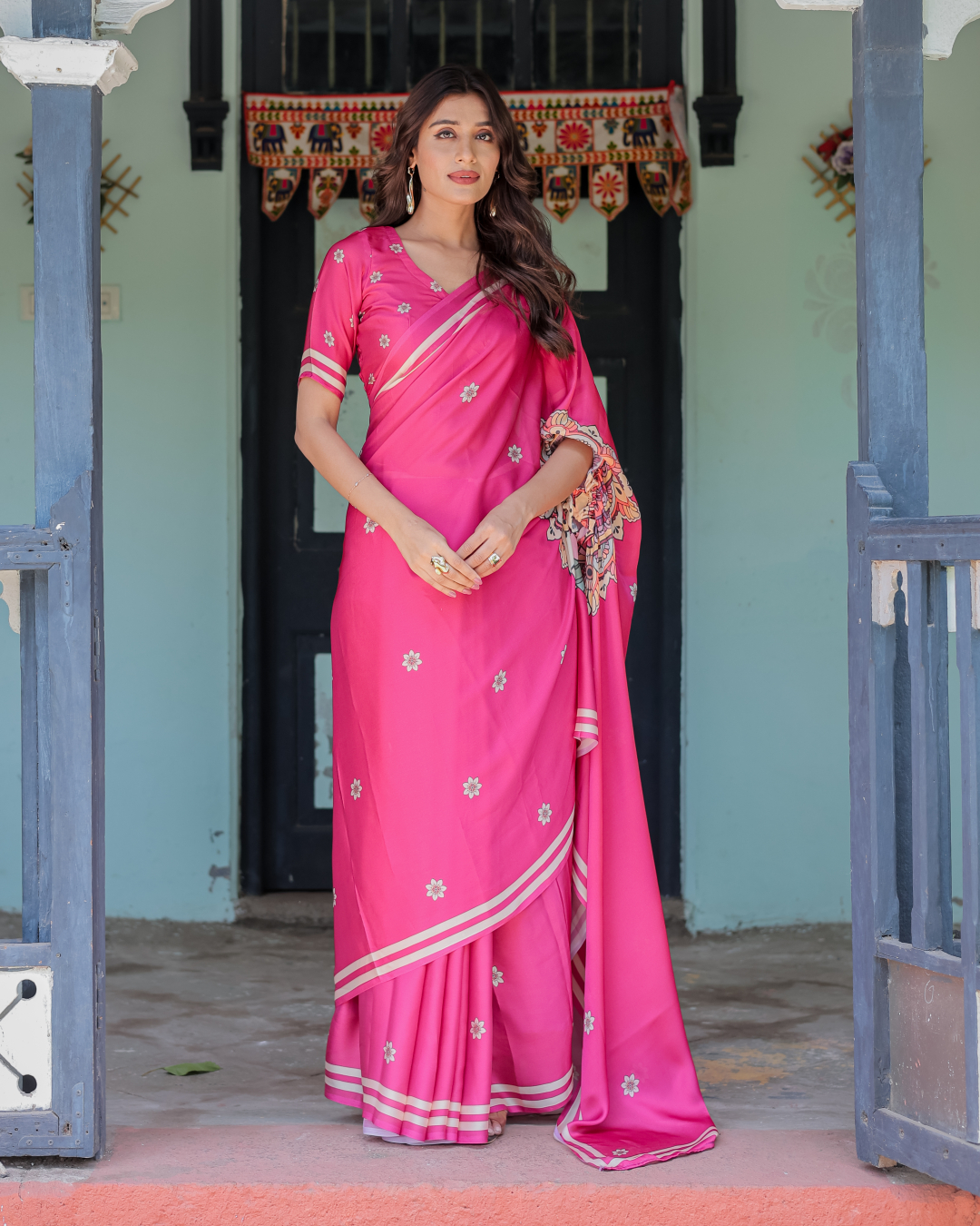 Women's Hot Pink Soft Satin Silk Printed Fancy Kaftan Handsfree Saree With Unstitched