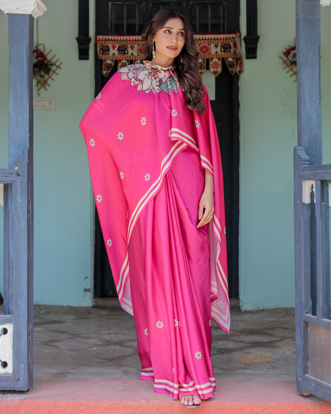 Women's Hot Pink Soft Satin Silk Printed Fancy Kaftan Handsfree Saree With Unstitched