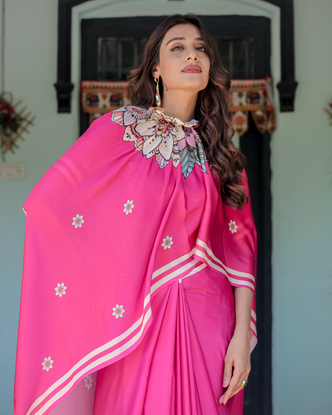 Women's Hot Pink Soft Satin Silk Printed Fancy Kaftan Handsfree Saree With Unstitched