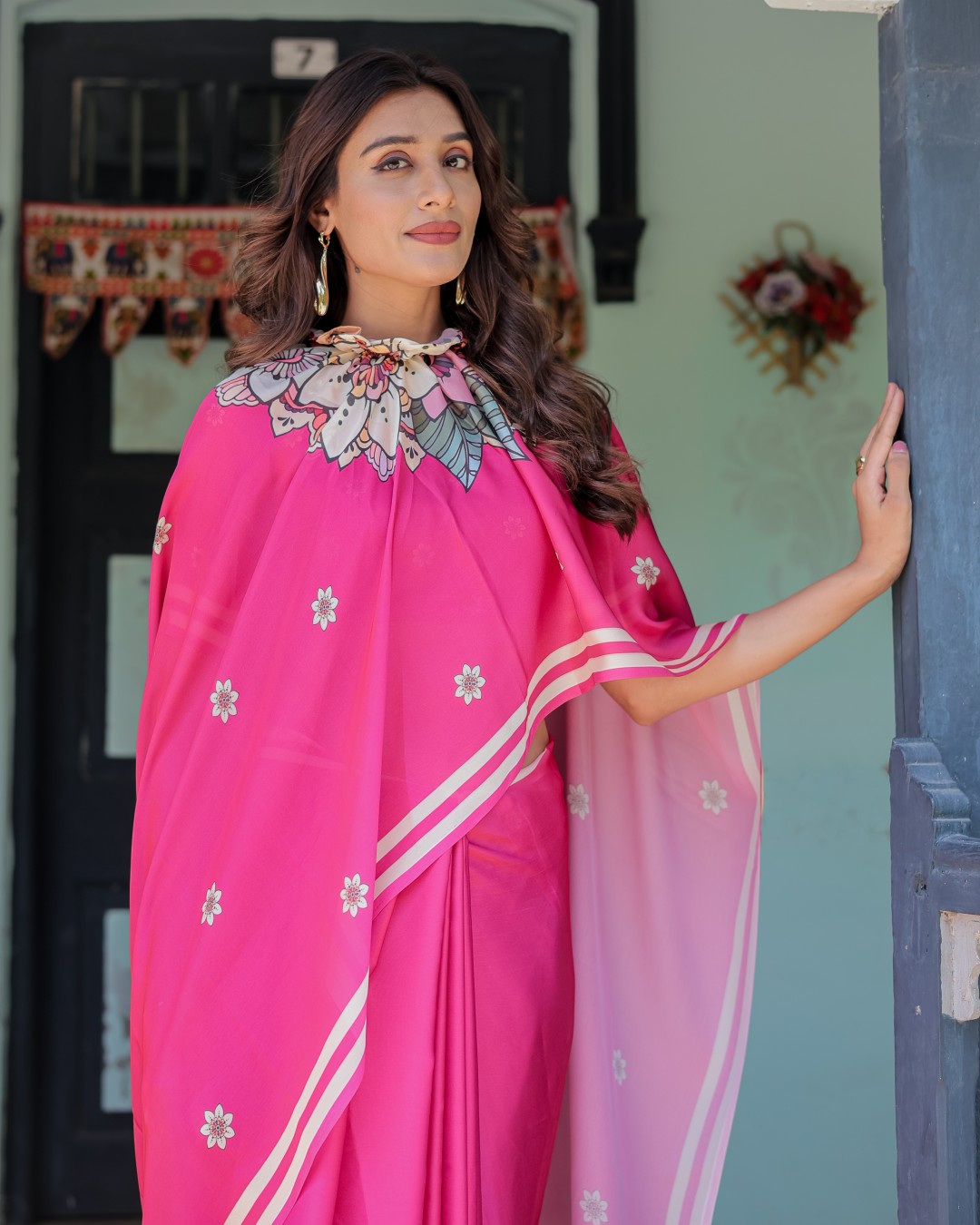 Women's Hot Pink Soft Satin Silk Printed Fancy Kaftan Handsfree Saree With Unstitched