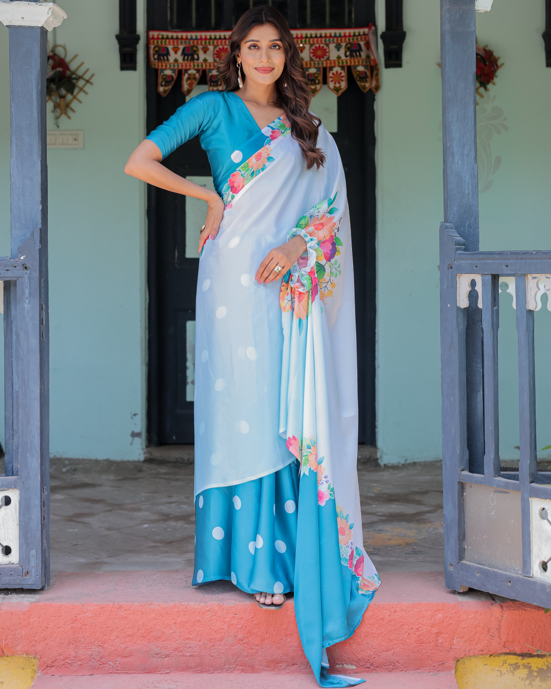 Women's Cyan Soft Satin Silk Printed Fancy Kaftan Handsfree Saree With Unstitched BP (Pack of 1)