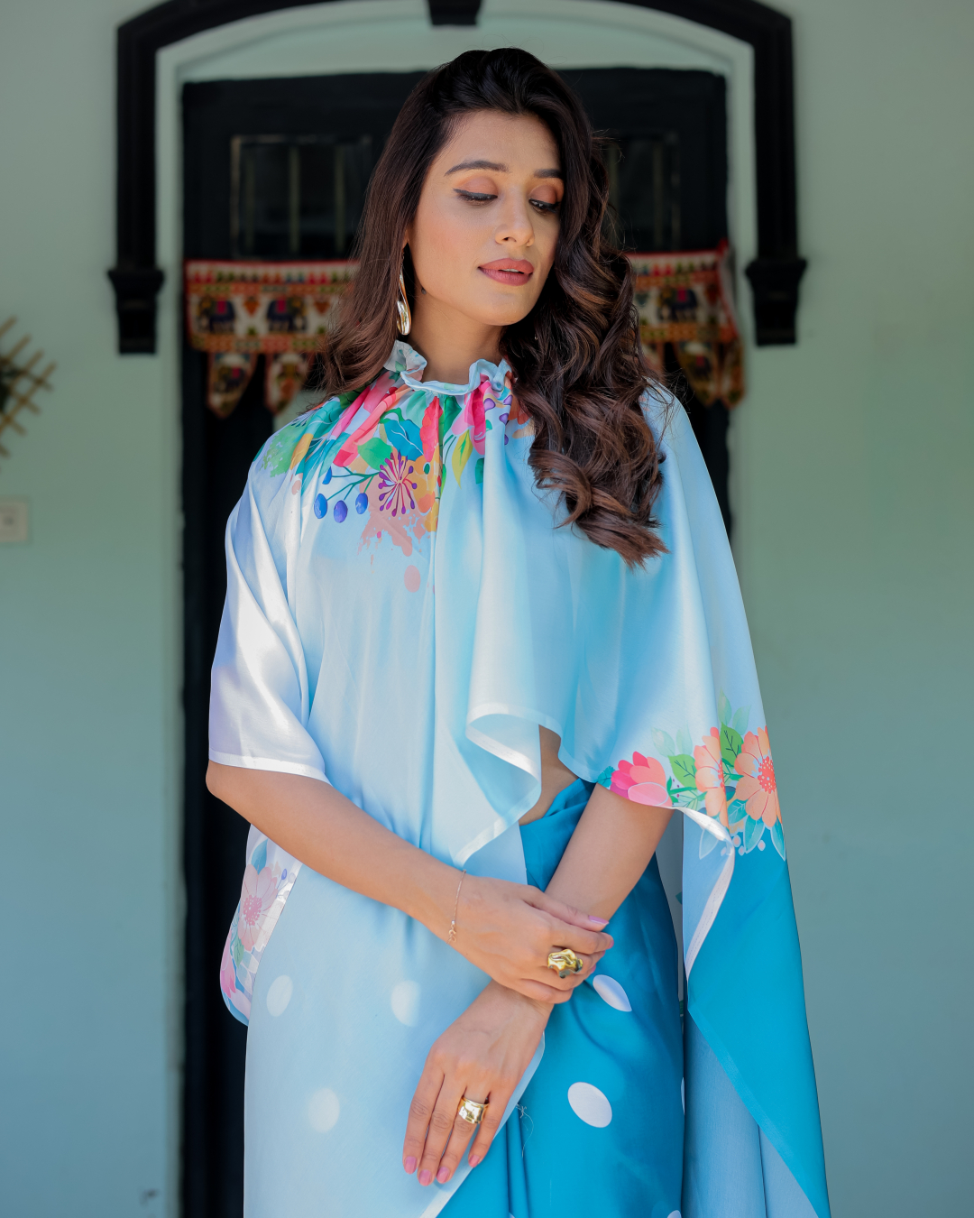 Women's Cyan Soft Satin Silk Printed Fancy Kaftan Handsfree Saree With Unstitched BP (Pack of 1)