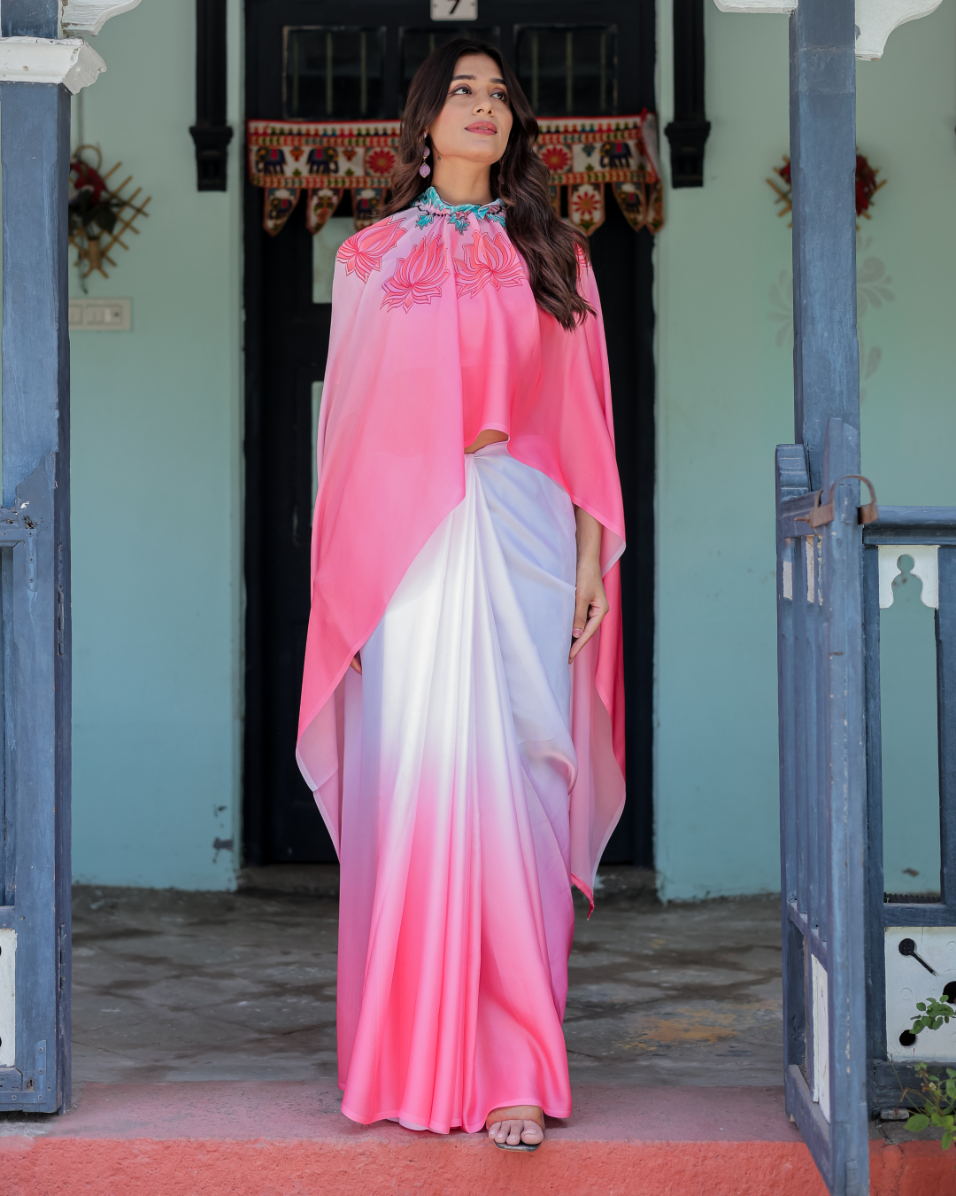 Women's Fuchsia Soft Satin Silk Printed Fancy Kaftan Handsfree Saree With Unstitched BP (Pack of 1)