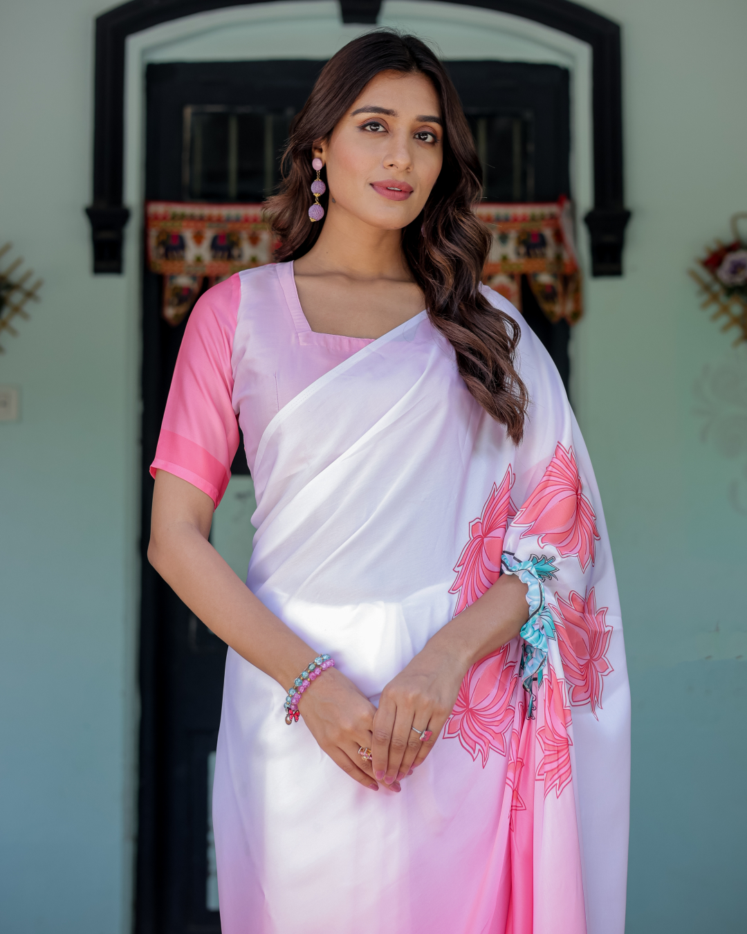 Women's Fuchsia Soft Satin Silk Printed Fancy Kaftan Handsfree Saree With Unstitched BP (Pack of 1)