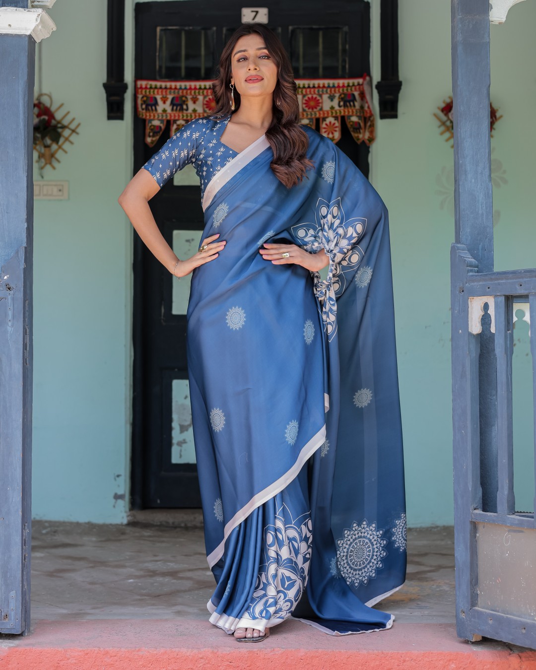 Women's Blue Soft Satin Silk Printed Fancy Kaftan Handsfree Saree With Unstitched BP (Pack of 1)