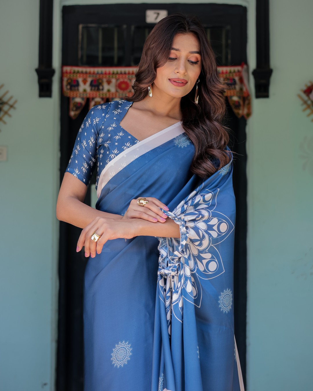Women's Blue Soft Satin Silk Printed Fancy Kaftan Handsfree Saree With Unstitched BP (Pack of 1)