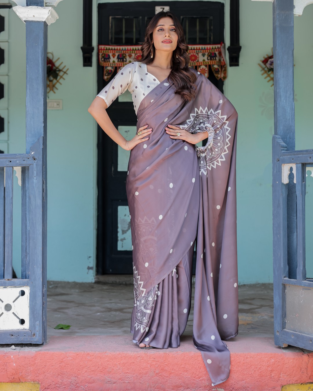Women's Dusty Lavender Soft Satin Silk Printed Fancy Kaftan Handsfree Saree With Unstitched BP (Pack of 1)