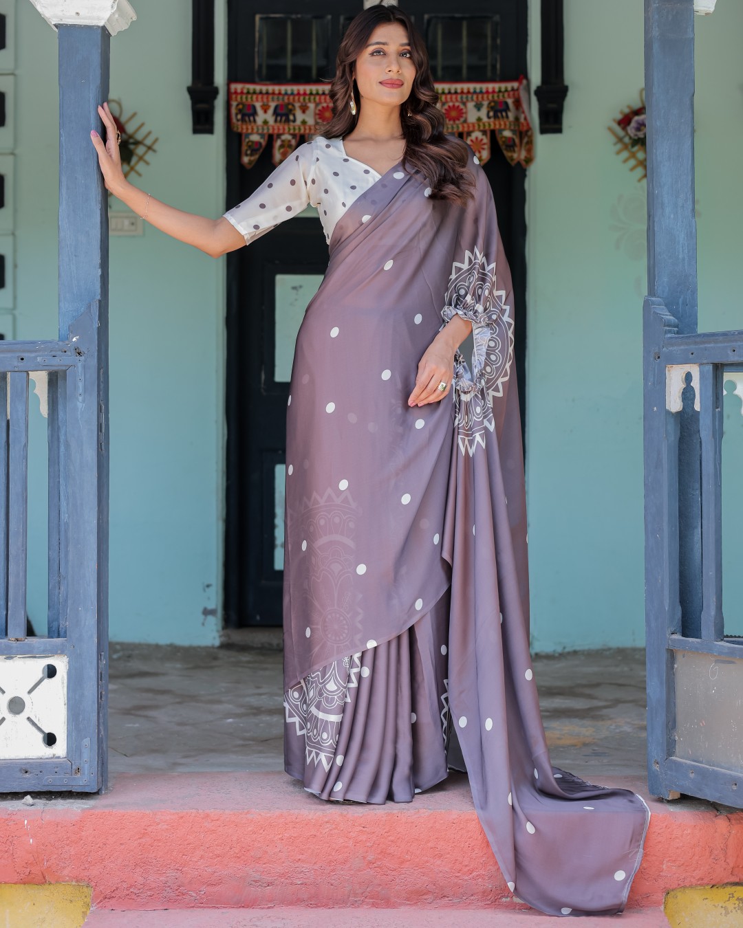Women's Dusty Lavender Soft Satin Silk Printed Fancy Kaftan Handsfree Saree With Unstitched BP (Pack of 1)