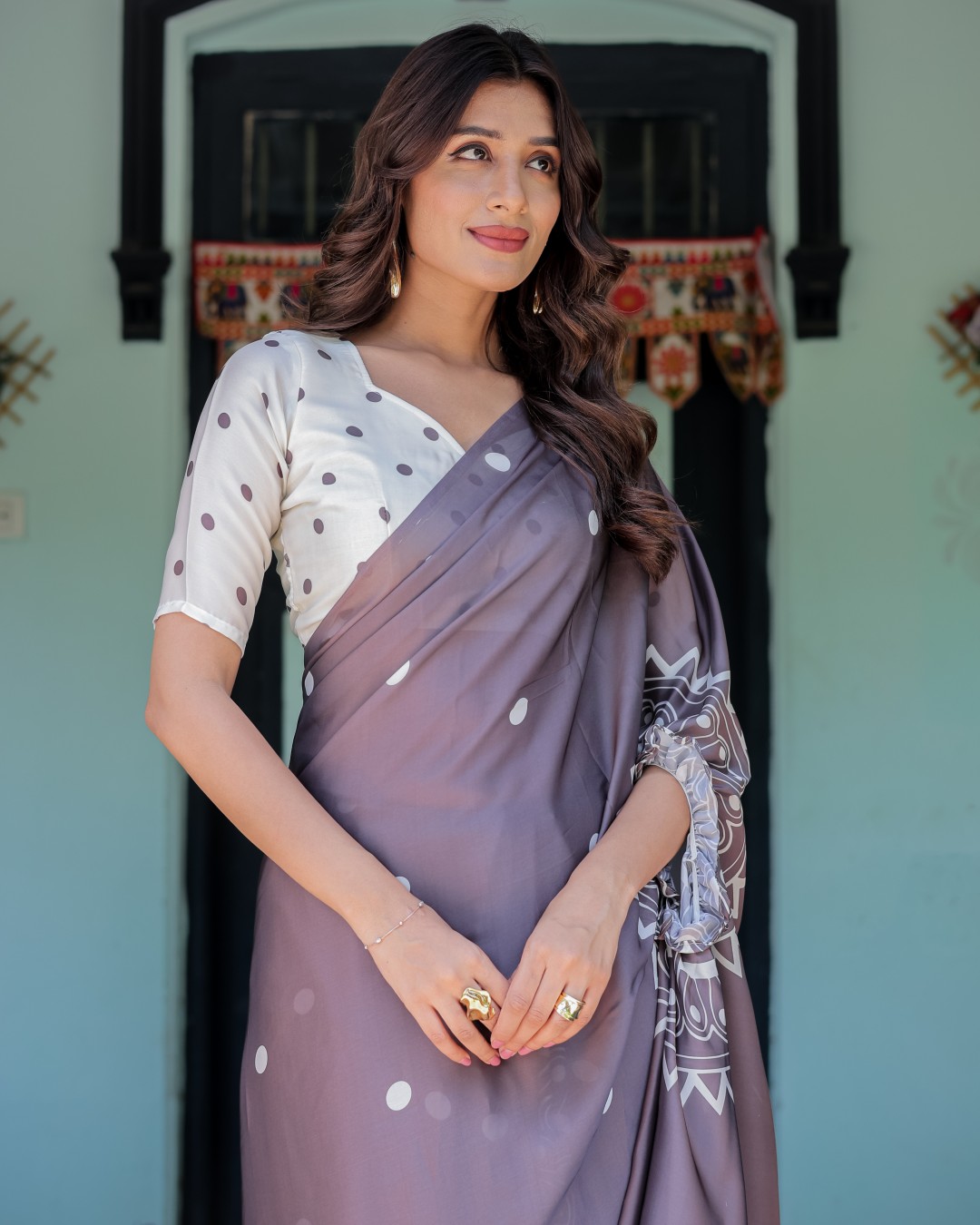 Women's Dusty Lavender Soft Satin Silk Printed Fancy Kaftan Handsfree Saree With Unstitched BP (Pack of 1)