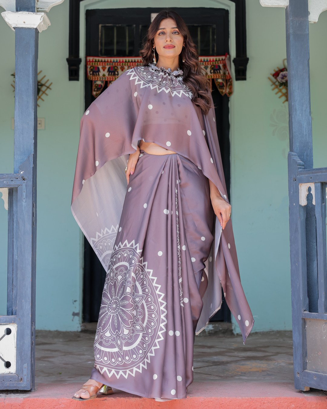 Women's Dusty Lavender Soft Satin Silk Printed Fancy Kaftan Handsfree Saree With Unstitched BP (Pack of 1)