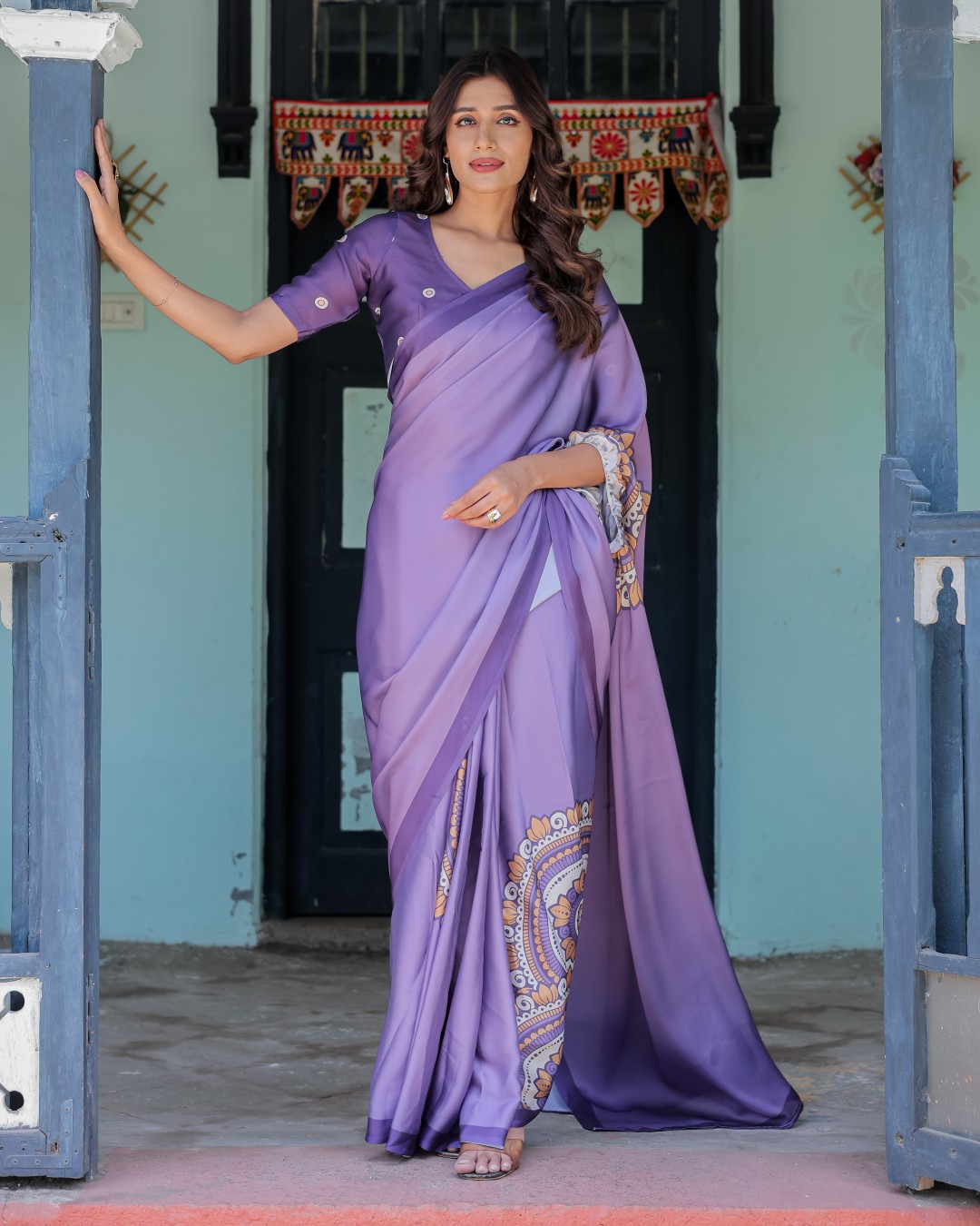 Women's Lavender Soft Satin Silk Printed Fancy Kaftan Handsfree Saree With Unstitched BP (Pack of 1)
