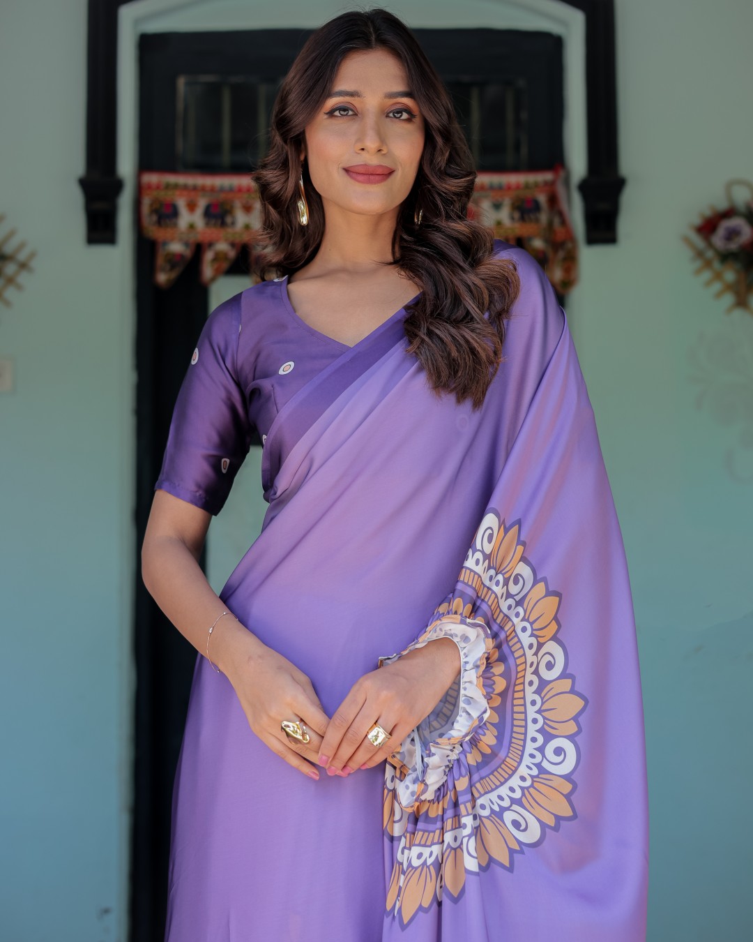 Women's Lavender Soft Satin Silk Printed Fancy Kaftan Handsfree Saree With Unstitched BP (Pack of 1)