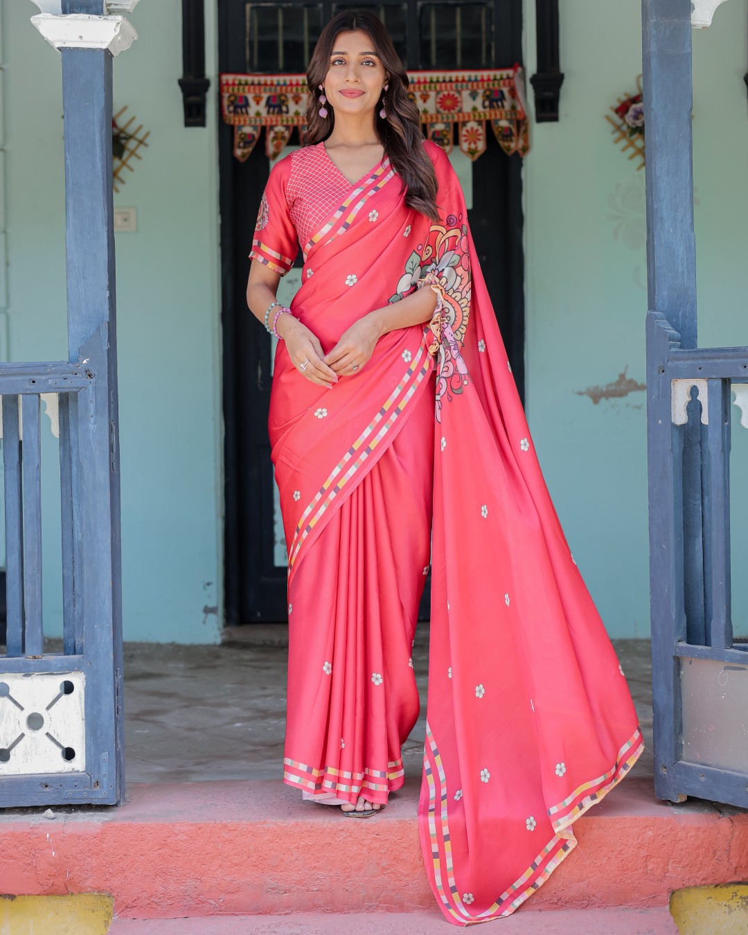 Women's Coral Pink Soft Satin Silk Printed Fancy Kaftan Handsfree Saree With Unstitched BP (Pack of 1)