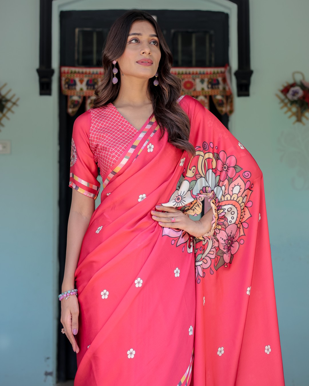 Women's Coral Pink Soft Satin Silk Printed Fancy Kaftan Handsfree Saree With Unstitched BP (Pack of 1)