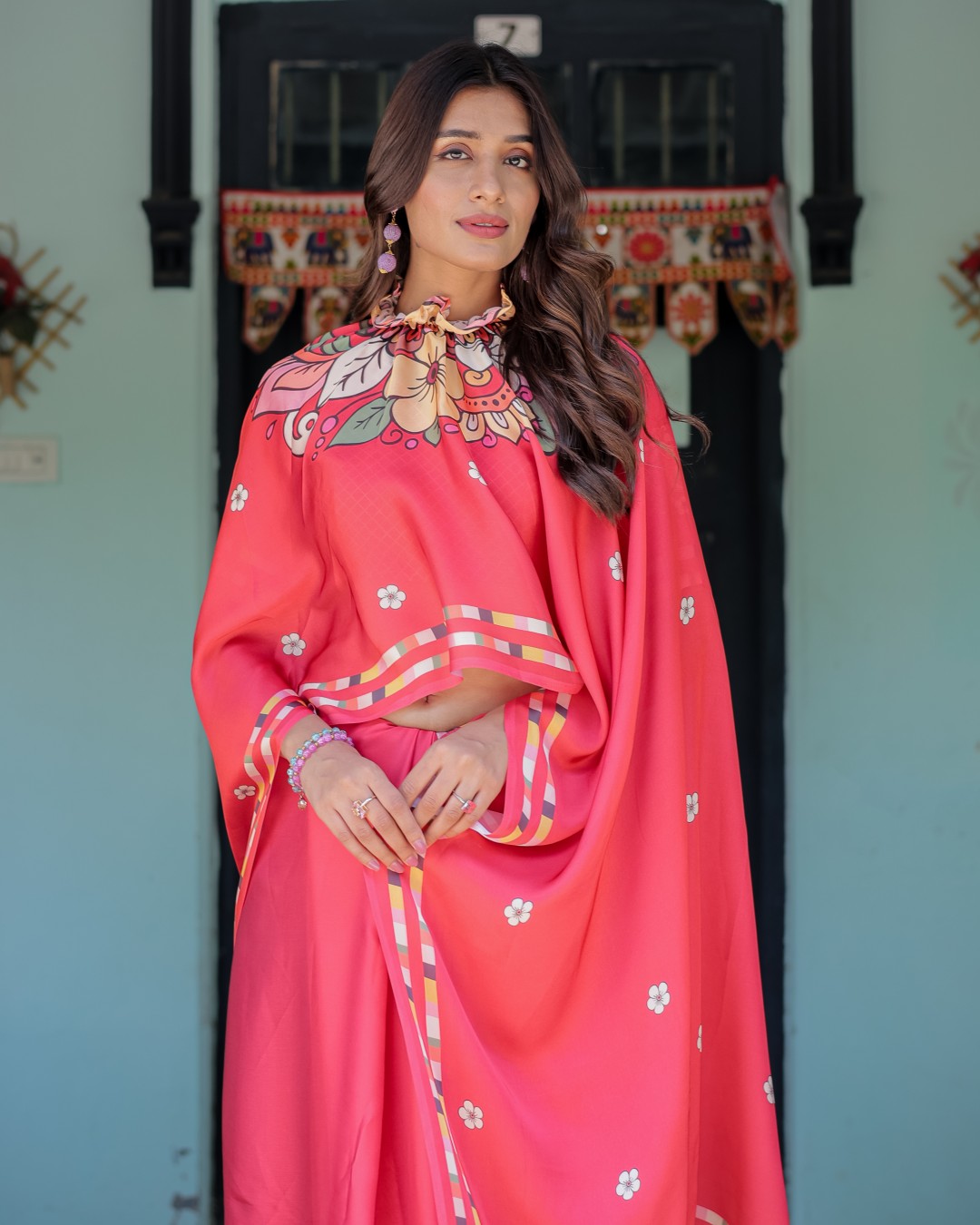 Women's Coral Pink Soft Satin Silk Printed Fancy Kaftan Handsfree Saree With Unstitched BP (Pack of 1)