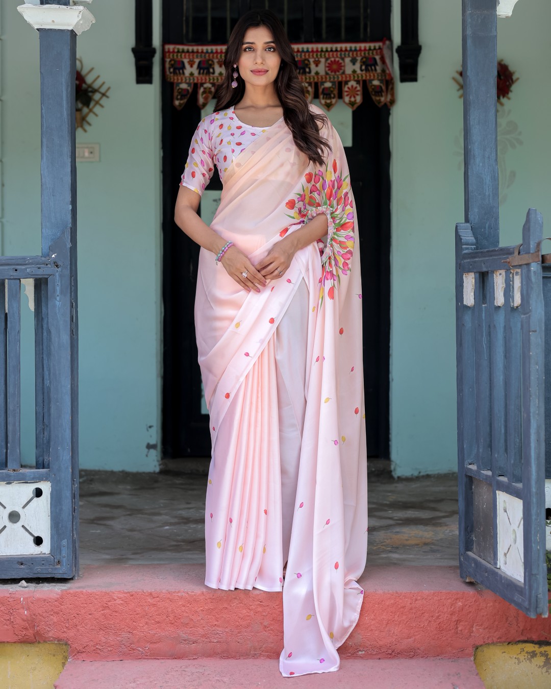 Women's Light Pink Soft Satin Silk Printed Fancy Kaftan Handsfree Saree With Unstitched BP (Pack of 1)