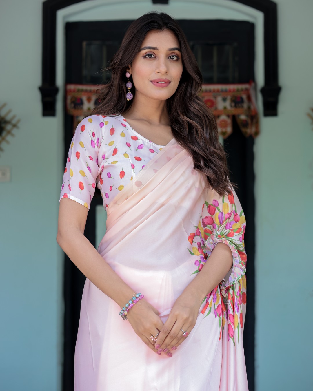 Women's Light Pink Soft Satin Silk Printed Fancy Kaftan Handsfree Saree With Unstitched BP (Pack of 1)