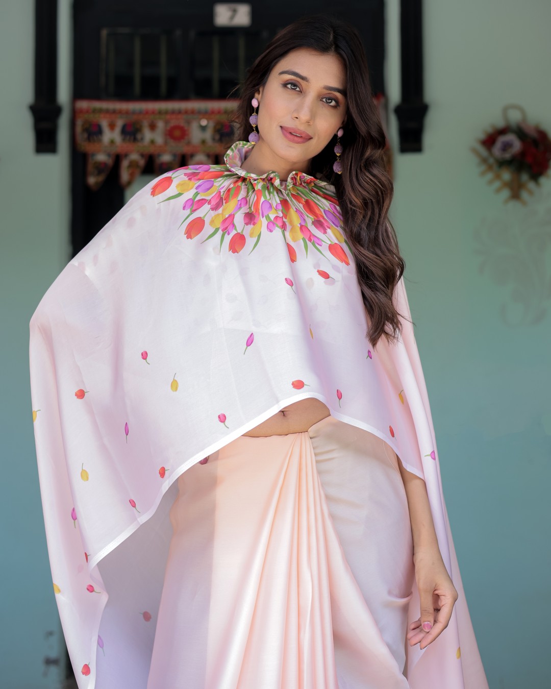 Women's Light Pink Soft Satin Silk Printed Fancy Kaftan Handsfree Saree With Unstitched BP (Pack of 1)