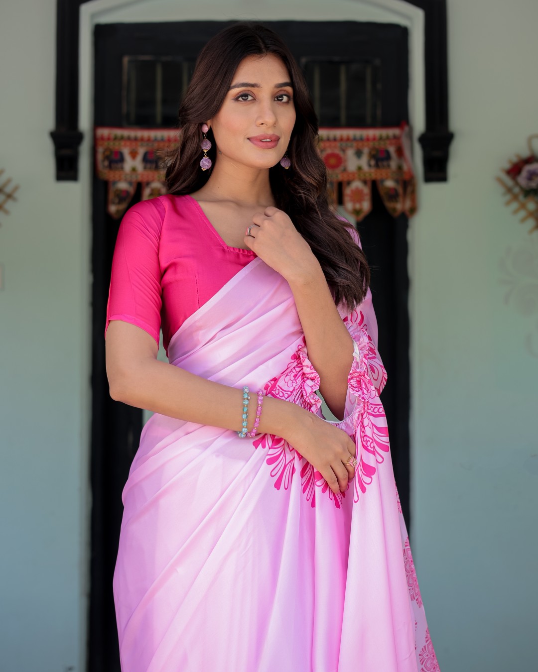 Women's Pink Soft Satin Silk Printed Fancy Kaftan Handsfree Saree With Unstitched BP (Pack of 1)