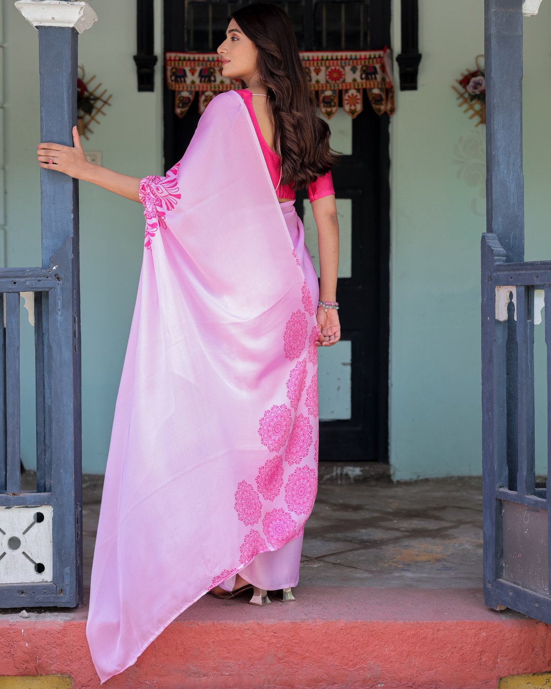 Women's Pink Soft Satin Silk Printed Fancy Kaftan Handsfree Saree With Unstitched BP (Pack of 1)