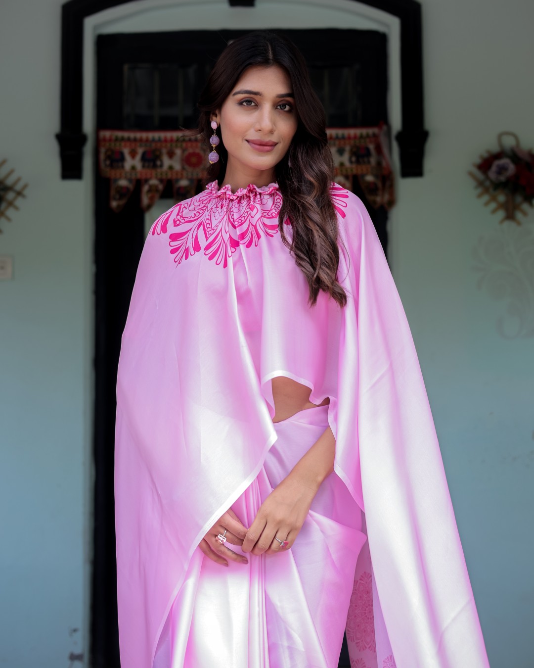 Women's Pink Soft Satin Silk Printed Fancy Kaftan Handsfree Saree With Unstitched BP (Pack of 1)