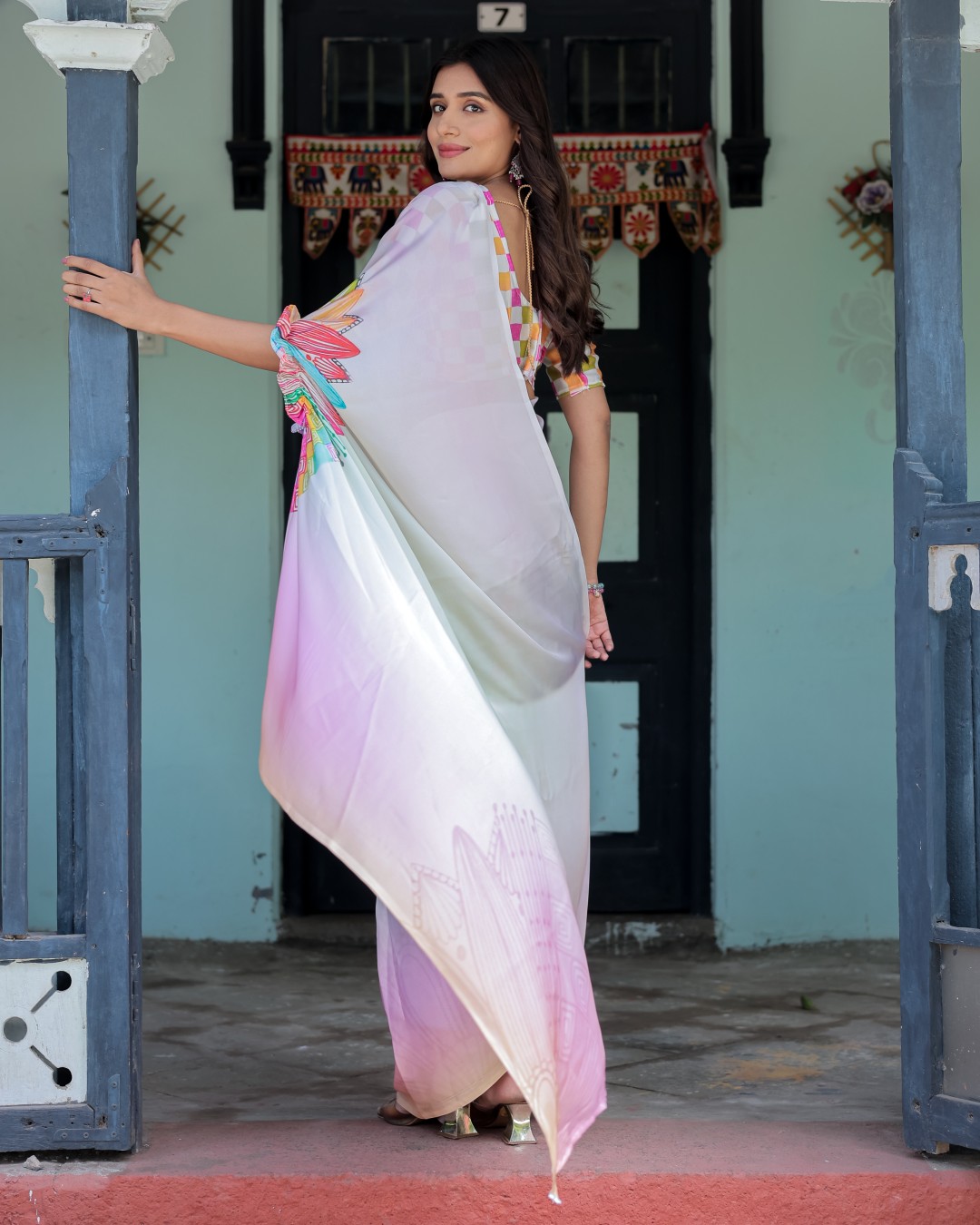 Women's Multicolour Soft Satin Silk Printed Fancy Kaftan Handsfree Saree With Unstitched BP (Pack of 1)