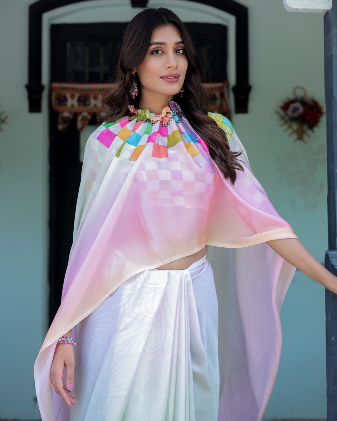 Women's Multicolour Soft Satin Silk Printed Fancy Kaftan Handsfree Saree With Unstitched BP (Pack of 1)