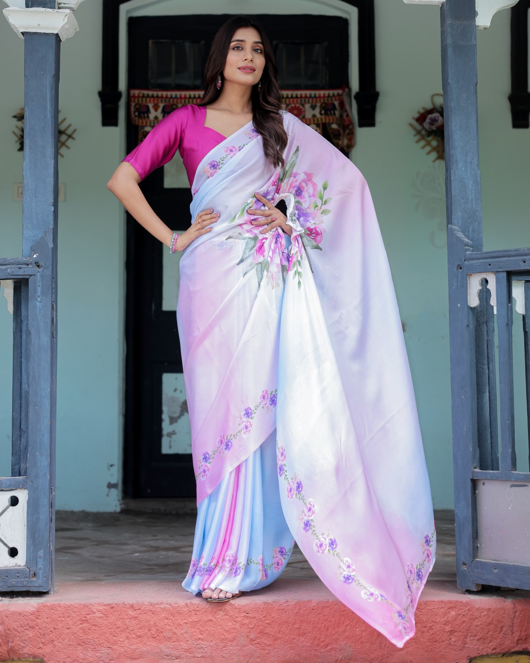 Women's Lavender Soft Satin Silk Printed Fancy Kaftan Handsfree Saree With Unstitched BP (Pack of 1)