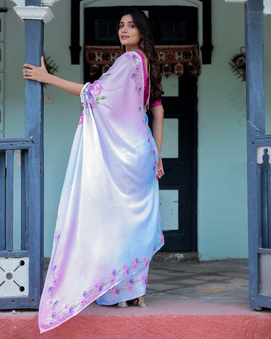 Women's Lavender Soft Satin Silk Printed Fancy Kaftan Handsfree Saree With Unstitched BP (Pack of 1)