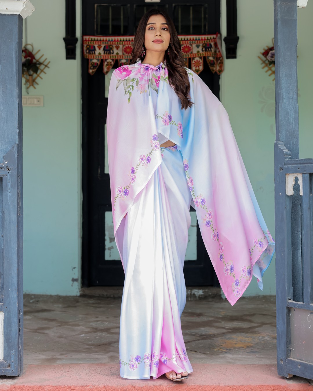 Women's Lavender Soft Satin Silk Printed Fancy Kaftan Handsfree Saree With Unstitched BP (Pack of 1)