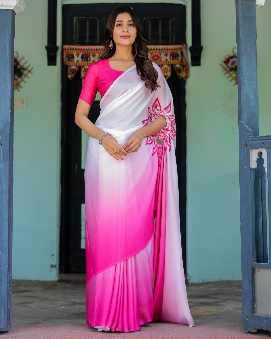 Women's Hot Pink Soft Satin Silk Printed Fancy Kaftan Handsfree Saree With Unstitched BP (Pack of 1)