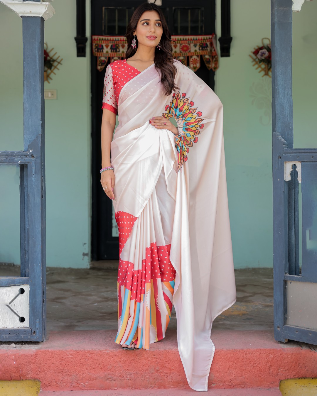 Women's Ivory White Soft Satin Silk Printed Fancy Kaftan Handsfree Saree With Unstitched BP (Pack of 1)