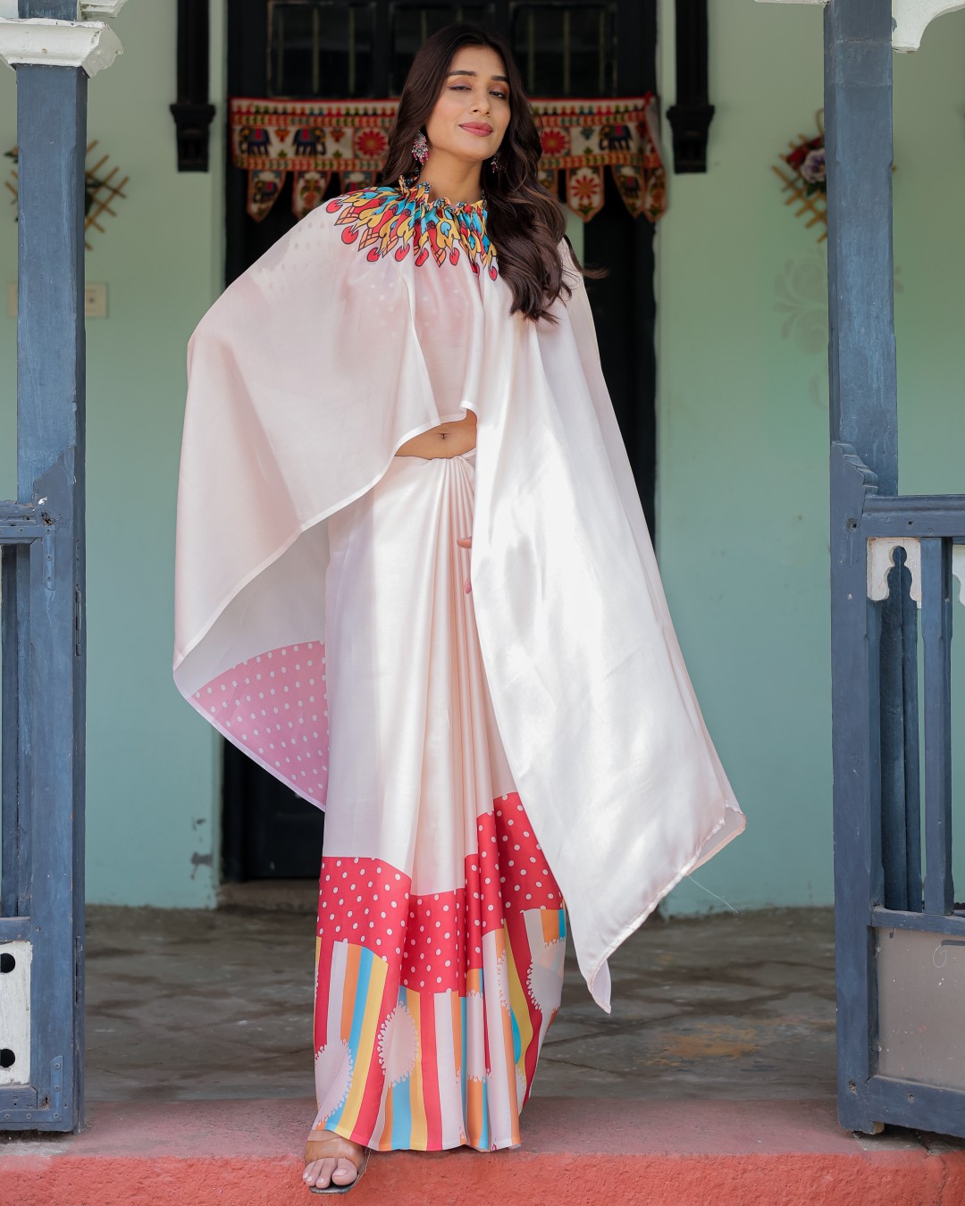 Women's Ivory White Soft Satin Silk Printed Fancy Kaftan Handsfree Saree With Unstitched BP (Pack of 1)