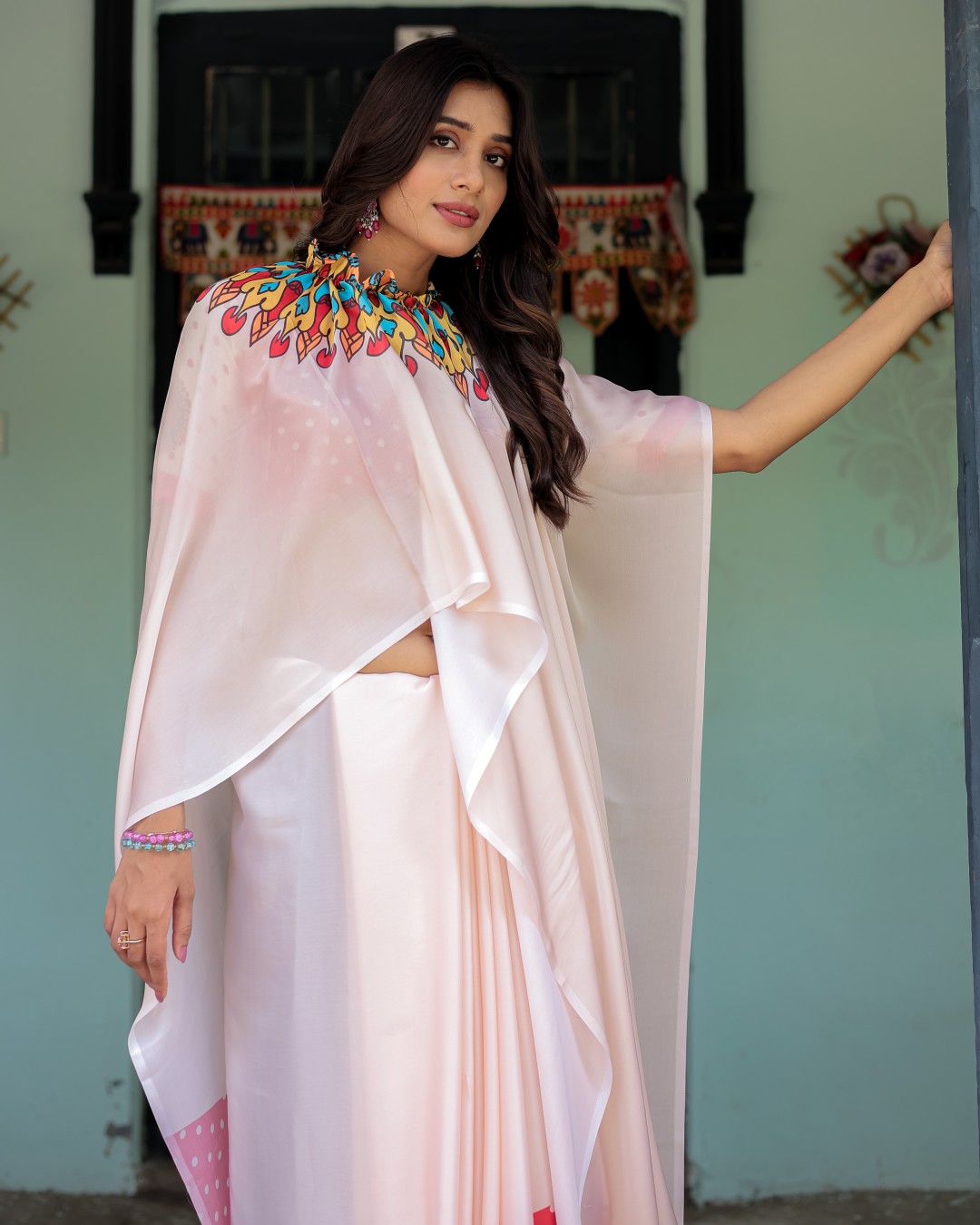 Women's Ivory White Soft Satin Silk Printed Fancy Kaftan Handsfree Saree With Unstitched BP (Pack of 1)