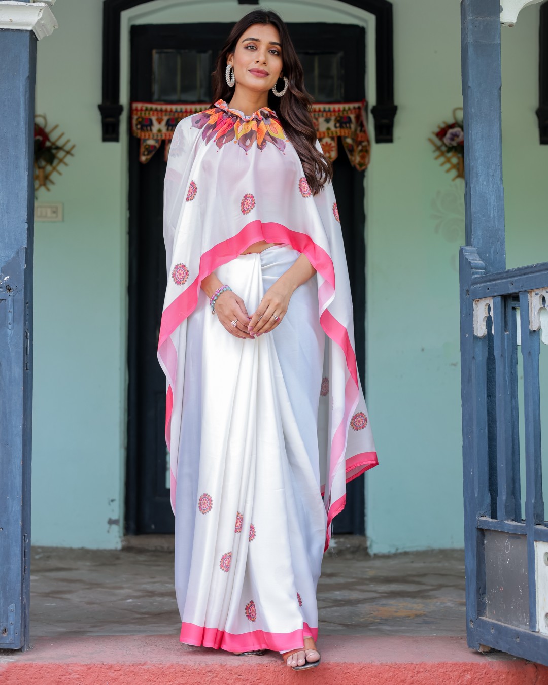 Women's Soft Satin Silk Printed Fancy Kaftan Handsfree Saree With Unstitched BP (Pack of 1)