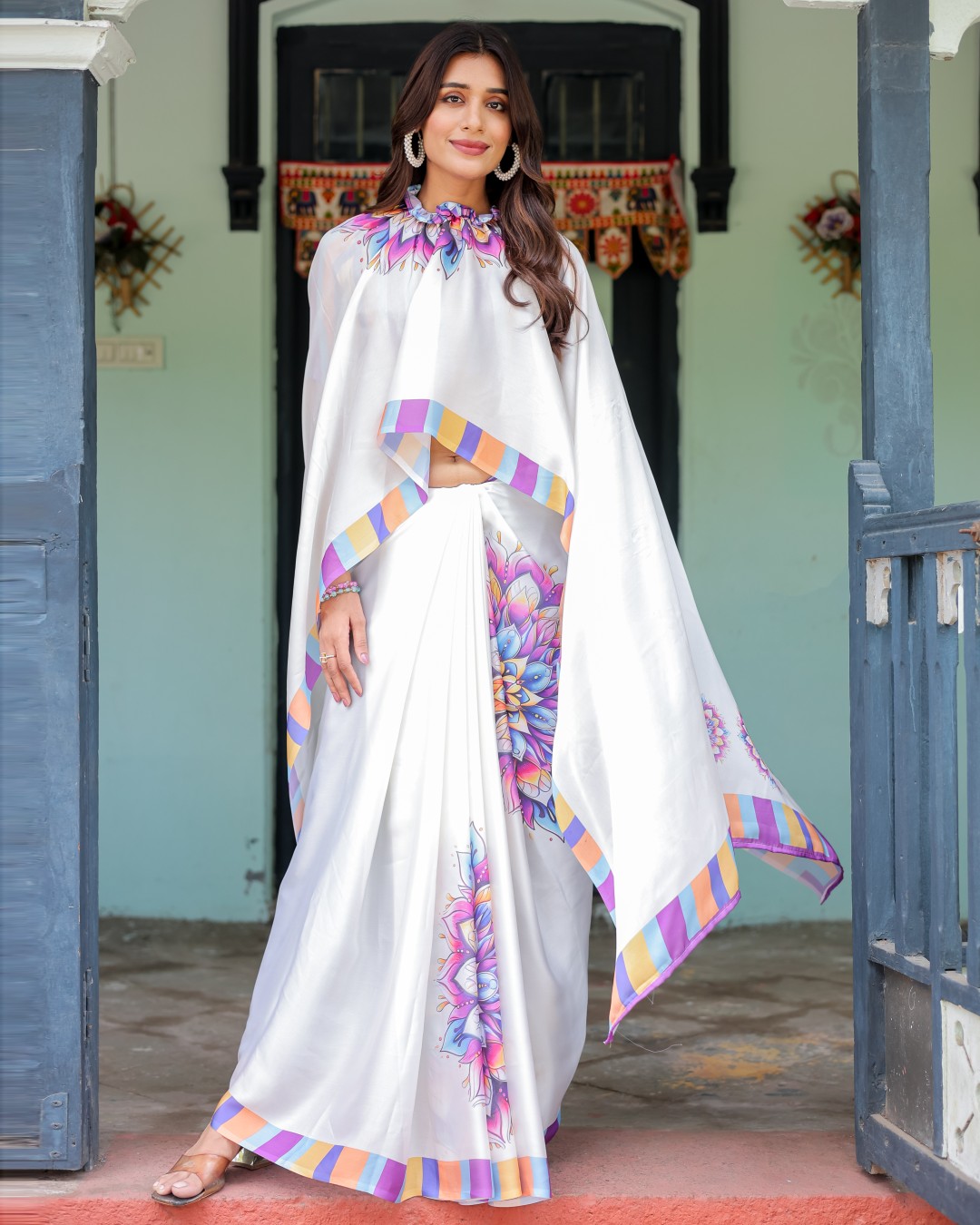 Women's Soft Satin Silk Printed Fancy Kaftan Handsfree Saree With Unstitched BP (Pack of 1)