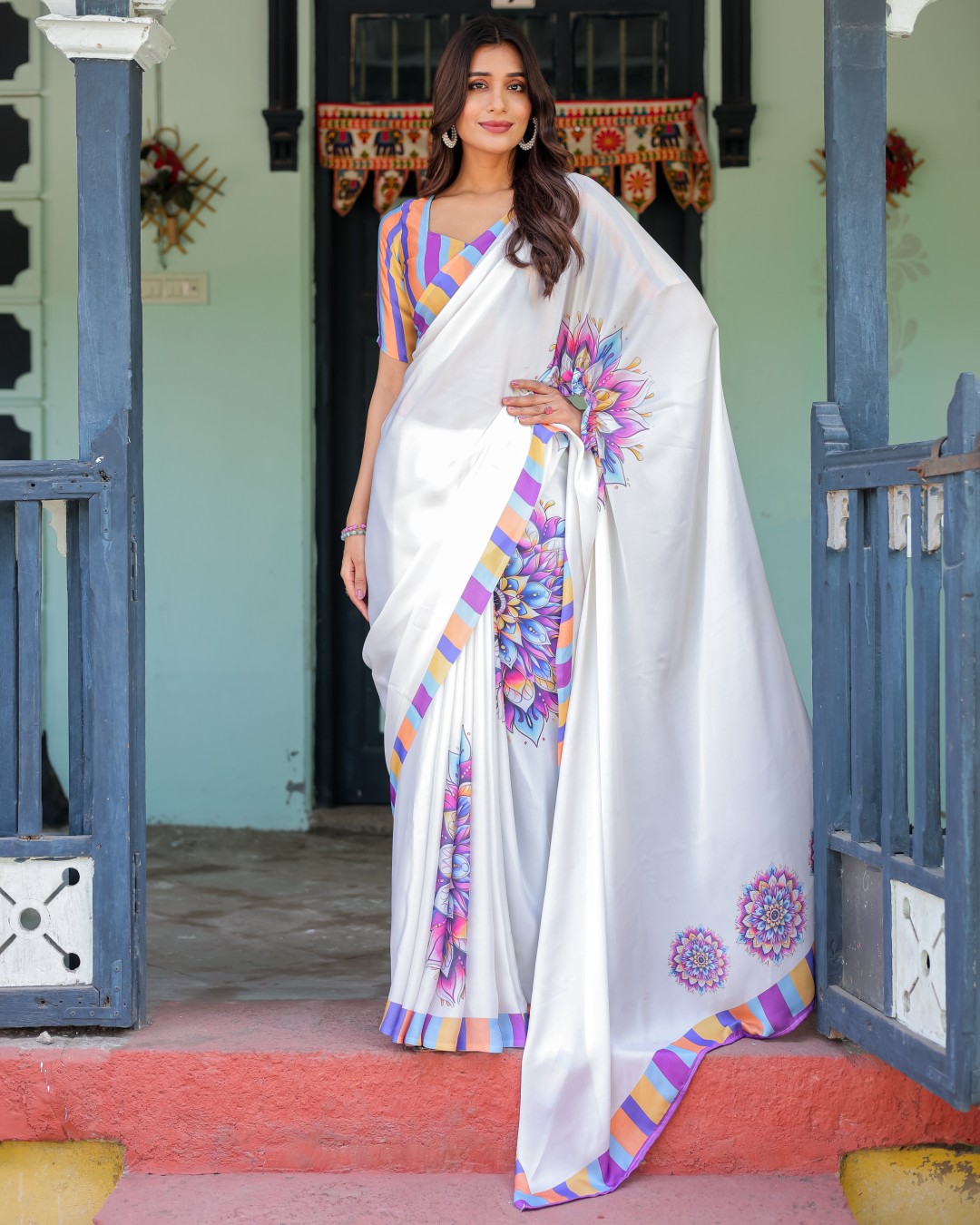 Women's Soft Satin Silk Printed Fancy Kaftan Handsfree Saree With Unstitched BP (Pack of 1)