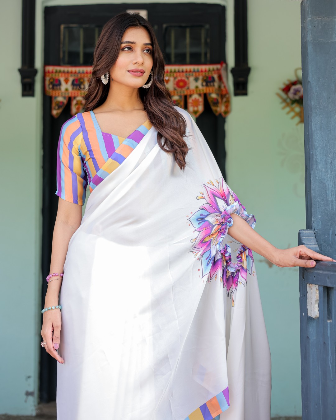 Women's Soft Satin Silk Printed Fancy Kaftan Handsfree Saree With Unstitched BP (Pack of 1)