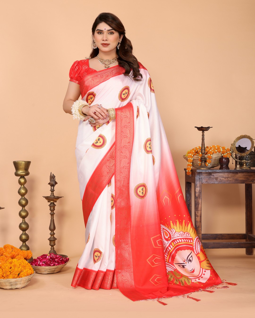 Tussar Silk Saree with Durga Face Print & Zari Woven Border | Festive Pallu & Tassel Detailing (Pack of 1)