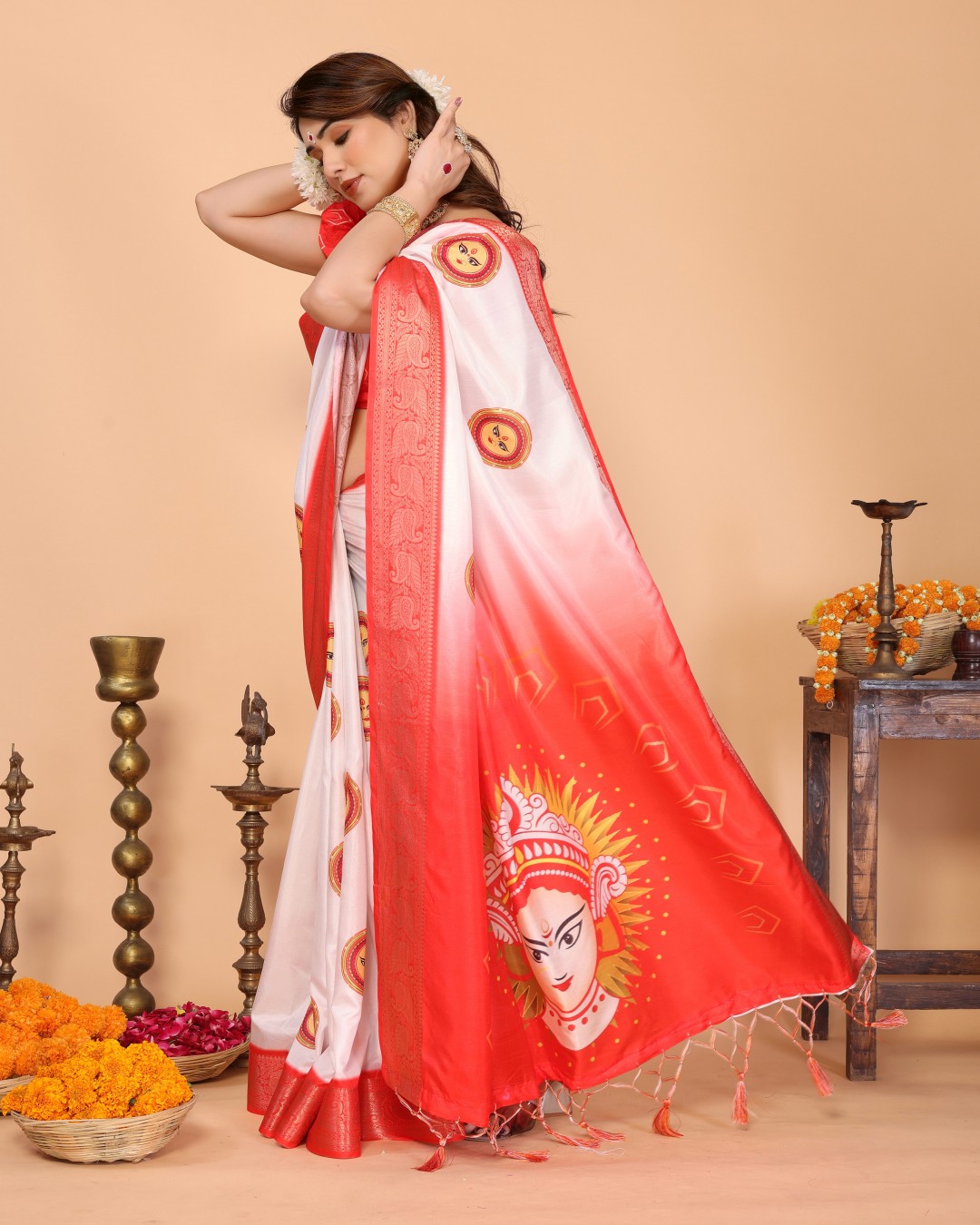 Tussar Silk Saree with Durga Face Print & Zari Woven Border | Festive Pallu & Tassel Detailing (Pack of 1)