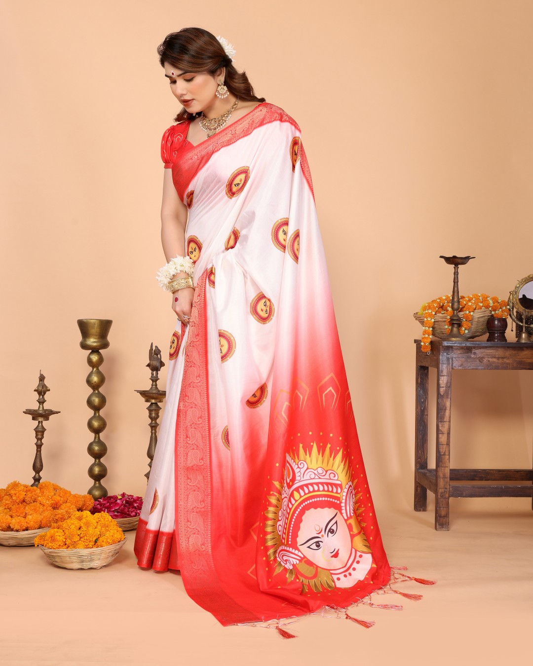 Tussar Silk Saree with Durga Face Print & Zari Woven Border | Festive Pallu & Tassel Detailing (Pack of 1)