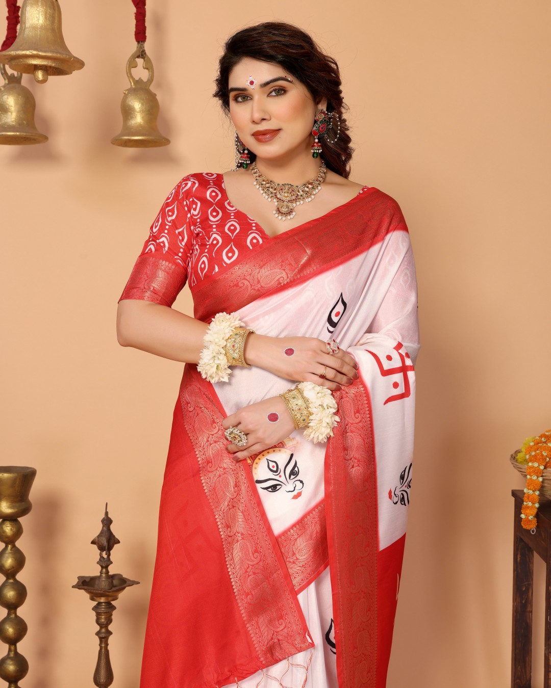 Pure Tussar Silk Saree with Durga Eyes & Devi Face Pallu | Zari Border & Festive Tassels (Pack of 1)